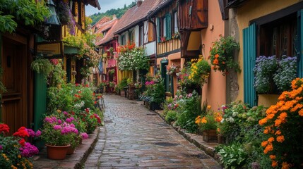 Fototapeta premium Picturesque village streets lined with vibrant flowers, leading to quaint cafes and charming shops.