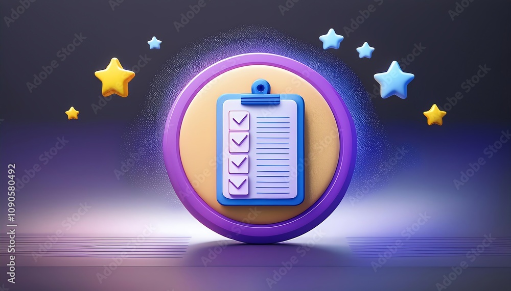 Poster a colorful checklist icon surrounded by stars, symbolizing task completion and organization.