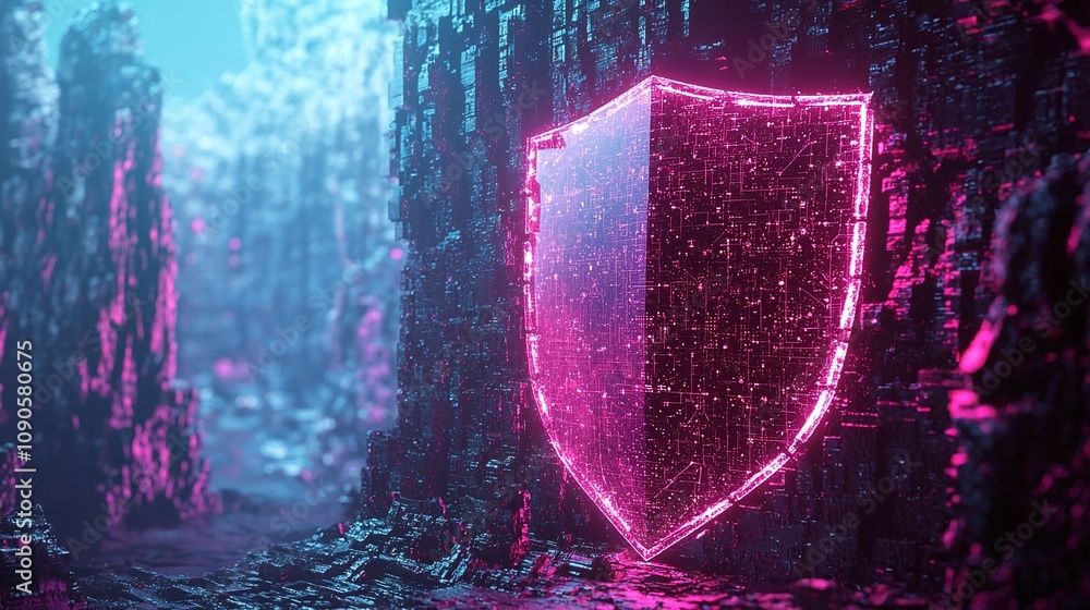 Poster shield digital cybersecurity protection and the vibrant future of secure coding and online safety.