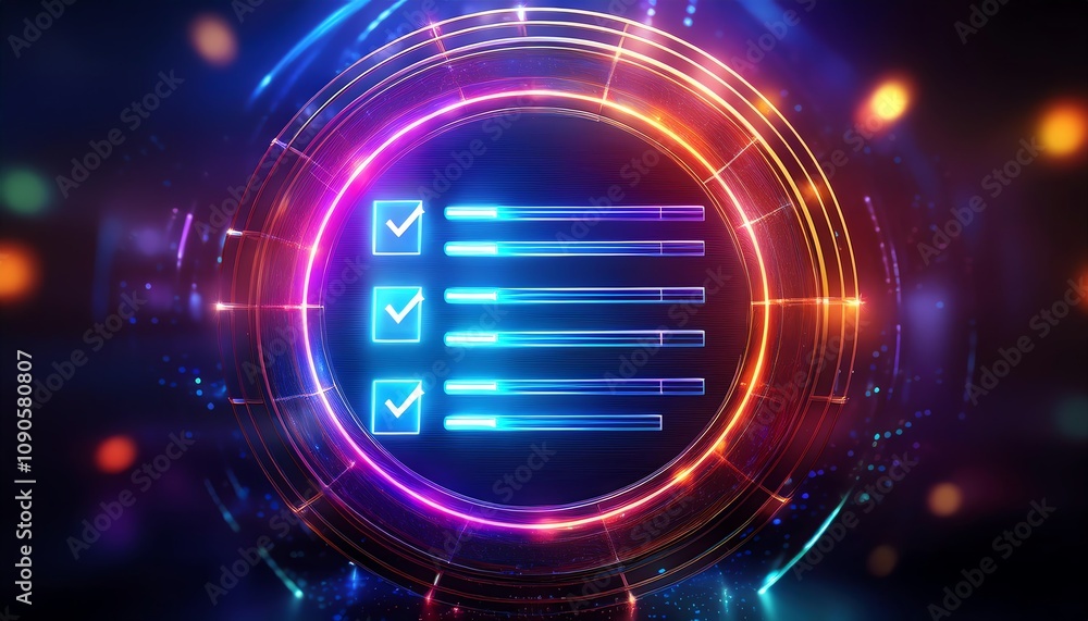 Poster a vibrant digital checklist graphic featuring illuminated checkmarks and colorful circular designs.