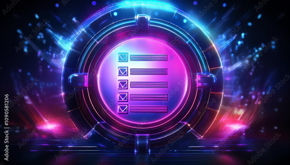 Poster a vibrant digital interface featuring a checklist within a circular neon design, surrounded by color