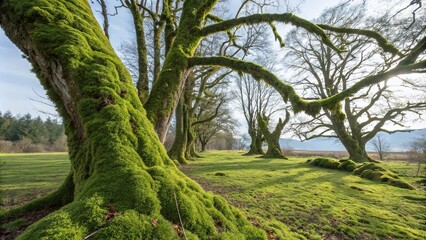 bright green moss on tree trunks and branches, mosses, outdoor scenes, tree bark, botany