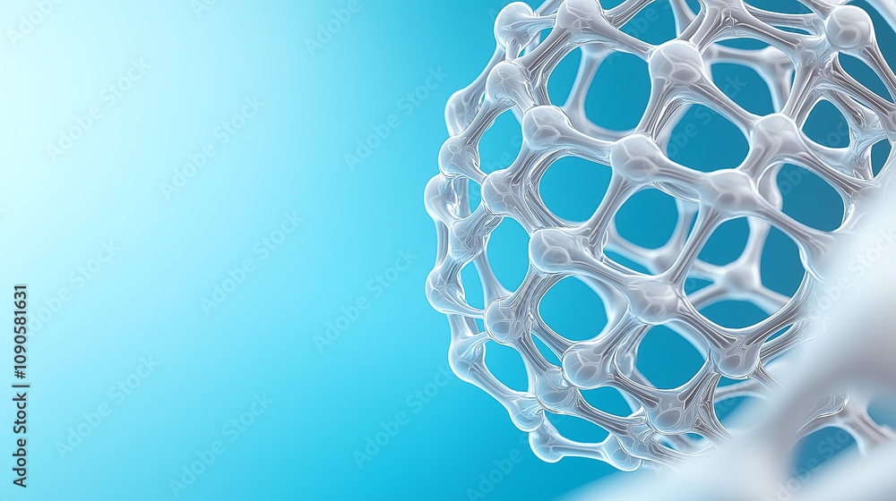 Poster close up of futuristic molecular structure with blue gradient background, showcasing intricate geome