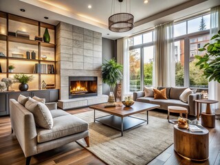 Fototapeta premium Serene Modern Living Space with Cozy Fireplace and Elegant Furniture Bathed in Natural Light, Showcasing a Welcoming Atmosphere with Warm Tones and Stylish Decor