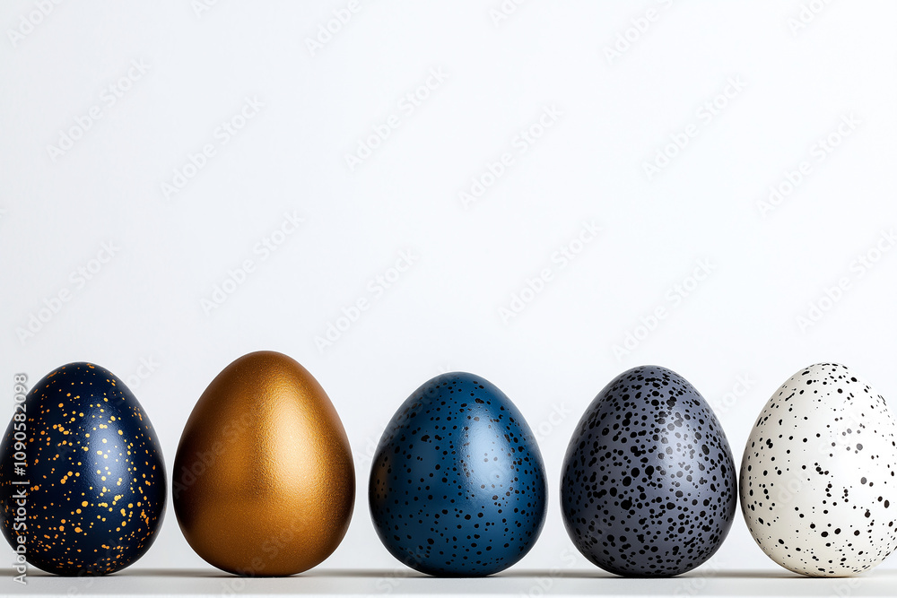 Poster colorful easter eggs with various patterns and textures are arranged in row against white background