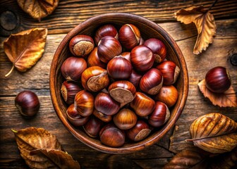 Obraz premium Vintage Chestnuts in a Bowl - Top View Isolated on Transparent Background, Rustic Autumn Decor, Natural Elements, Food Photography, Organic, Culinary Ingredients, Seasonal Harvest, Thanksgiving