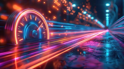 Futuristic speedometer on neon highway, representing high-speed data transfer.