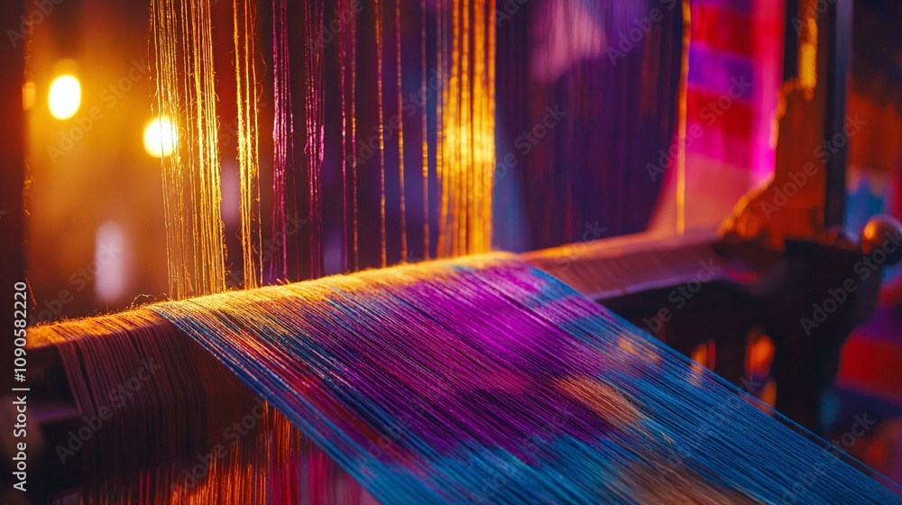 Poster weaving threads and colors to create unique fabric patterns with intricate craftsmanship and artisti
