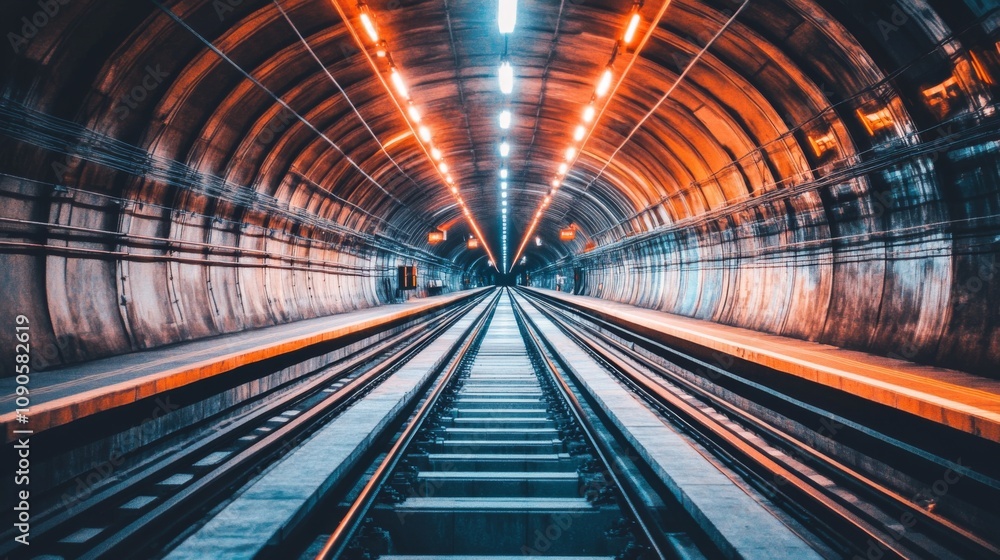 Fototapete Captivating View of a Subway Tunnel with Illuminated Tracks Leading into the Depths of a Modern Urban Transit System, Emphasizing Transportation and Infrastructure