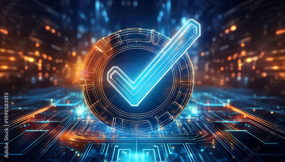 Poster a glowing checkmark symbol on a digital circuit background, representing validation, technology, and