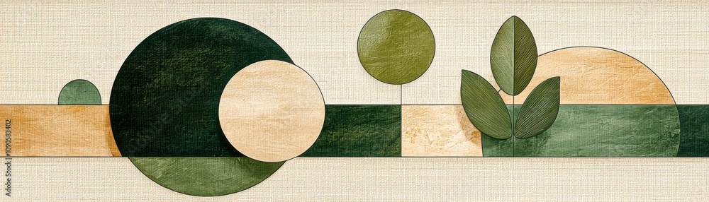 Poster abstract geometric design featuring circles, leaves, and shapes in earthy tones, creating a balanced