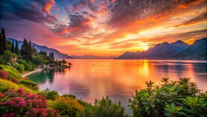 Serene Sunrise Over Lake Garda: A Tranquil Morning Scene Captured in the Rule of Thirds, Showcasing the Beauty of Italy&rsquo;s Largest Lake at Dawn with Soft Reflections and Vibrant Colors