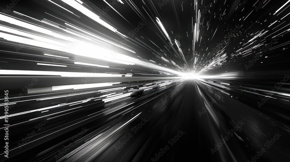 Poster abstract grayscale light streaks converging to a bright center, simulating high-speed motion or a tu