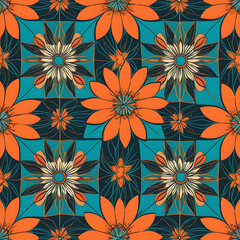Fototapeta premium Abstract square pattern, silk scarf design, fashion textile ornament Bandanna shawl, tablecloth fabric print, silk neck scarf, sealing. 