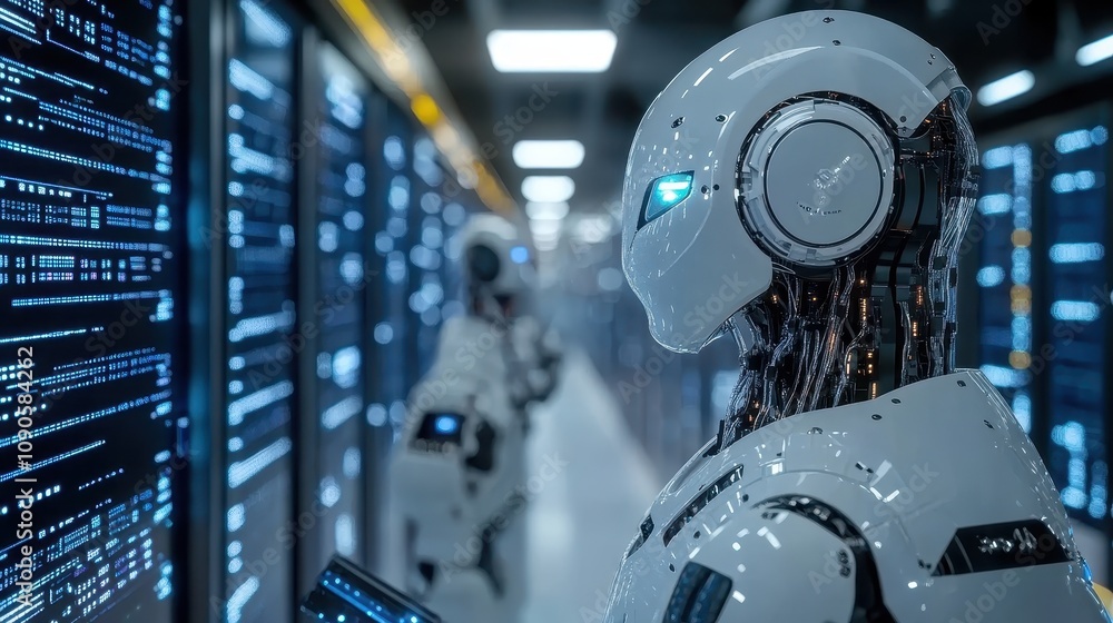 Aufkleber a futuristic robot stands in a high-tech server room filled with data screens.