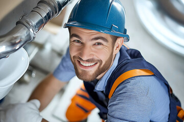 professional plumber wearing blue hard hat and orange overalls is smiling while fixing sink pipe in bathroom. image captures positive and focused work environment