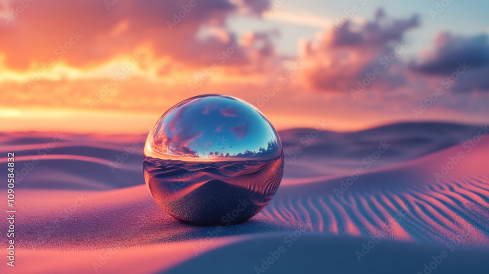 Poster reflective sphere on desert dunes at sunset with colorful clouds and soft lighting creating a dreamy