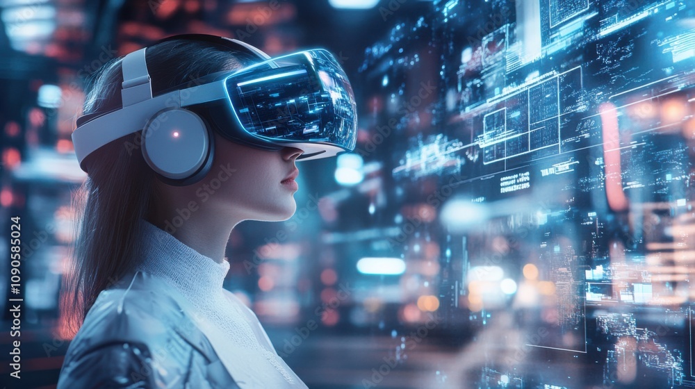 Poster futuristic woman using virtual reality headset in high-tech environment with data visualizations and