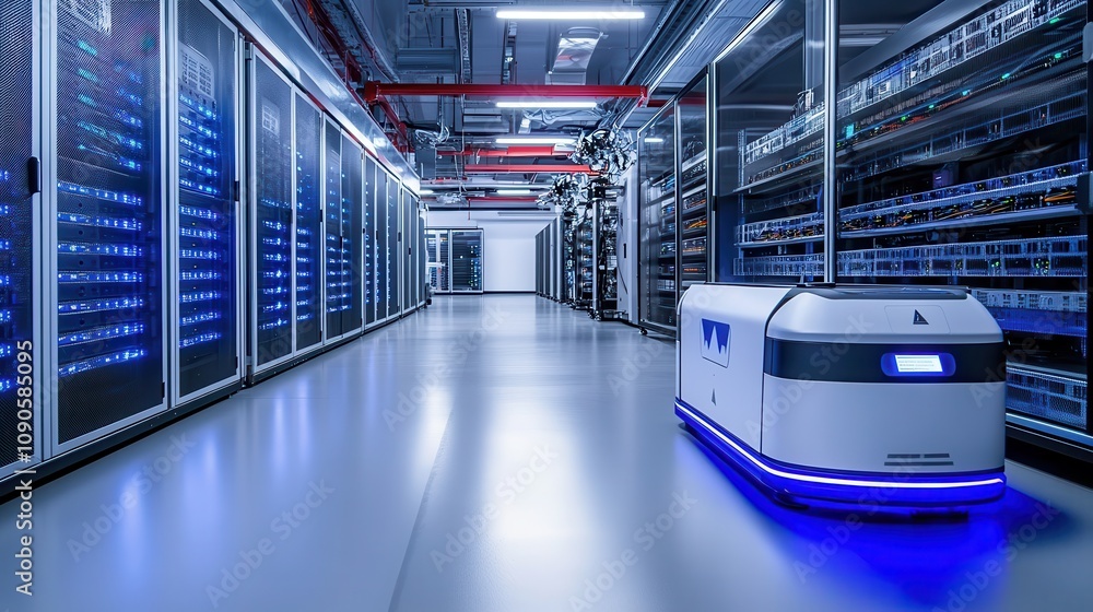 Poster a robotic device navigates a modern data center filled with server racks and blue lighting.