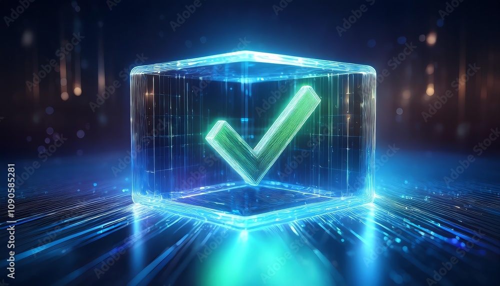 Aufkleber a glowing green checkmark within a digital hexagonal frame, symbolizing approval, verification, or c