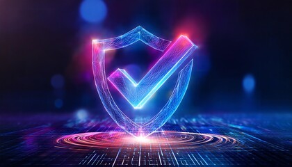 A glowing shield icon with a checkmark, symbolizing security and trust in a digital environment with vibrant colors.