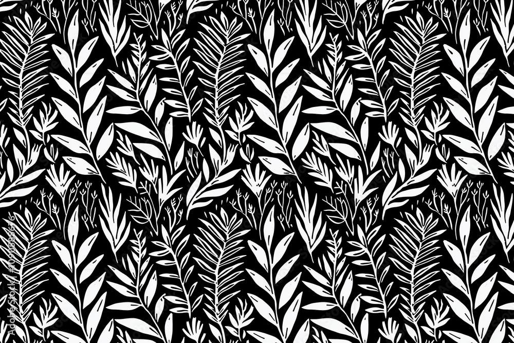 Poster Toile pattern tapestry. Linocut print. Monochrome botanical pattern background. Created with Generative AI technology.