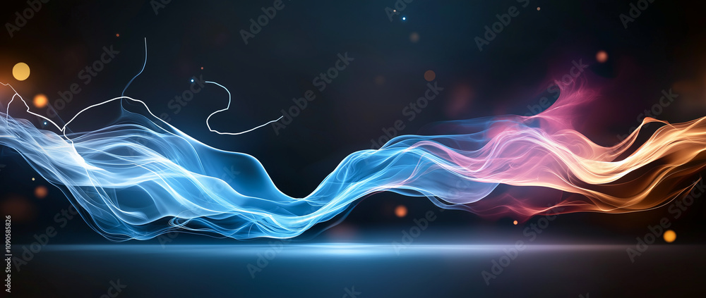 Poster dynamic abstract background featuring glowing blue and orange light waves flowing across dark space,