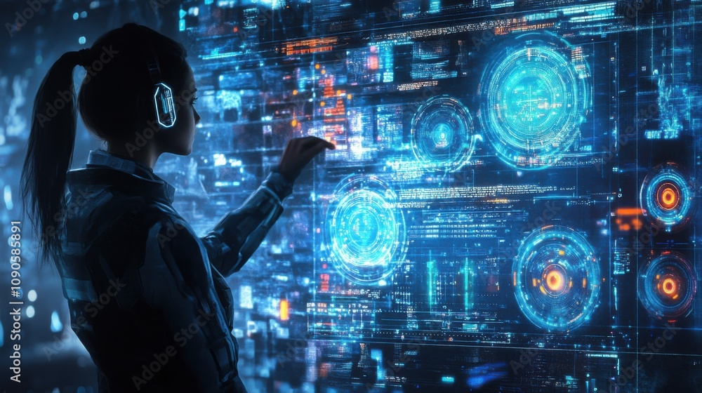 Poster futuristic data analyst interacting with holographic user interface in a high-tech environment, show