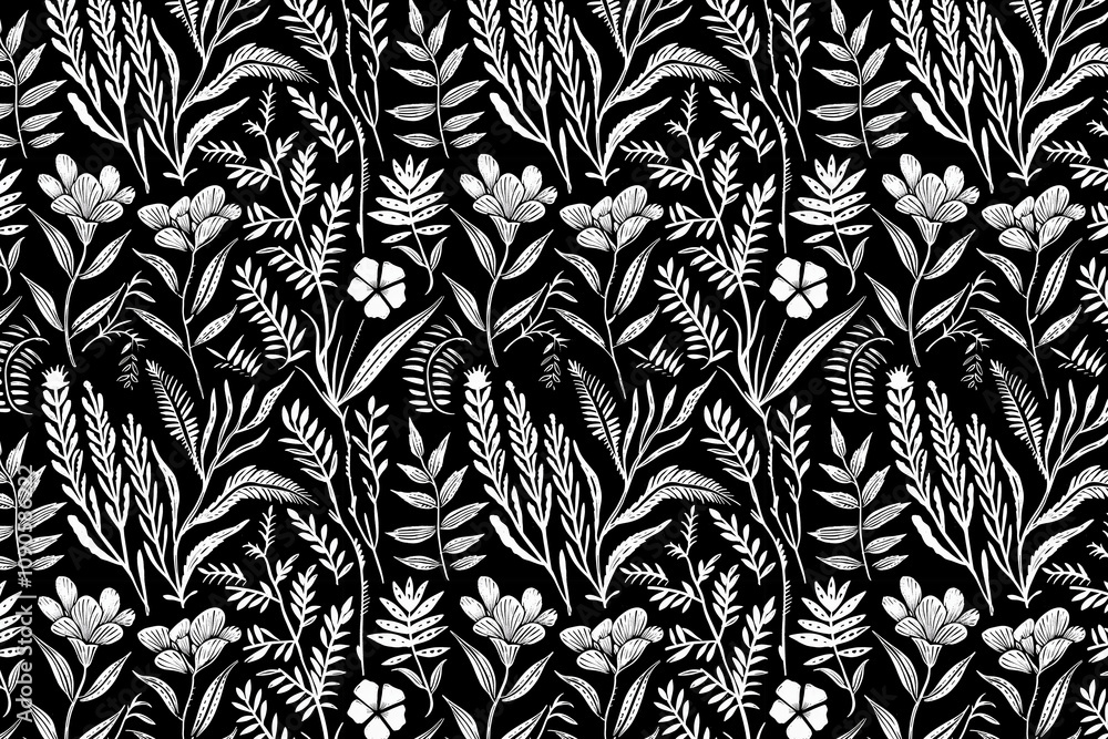 Poster toile pattern tapestry. linocut print. monochrome botanical pattern background. created with generat