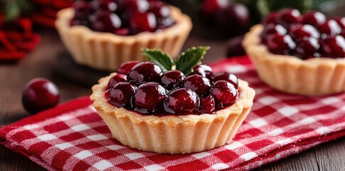 Vibrant cranberry tartlets with a glossy finish, perfect for festive gatherings and dessert lovers.