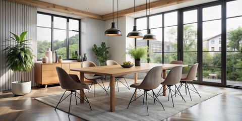 Fototapeta premium Spacious Dining Area Featuring a Sleek Modern Dining Table with Light Wood and Black Metal Legs, Perfect for Contemporary Interiors and Family Gatherings