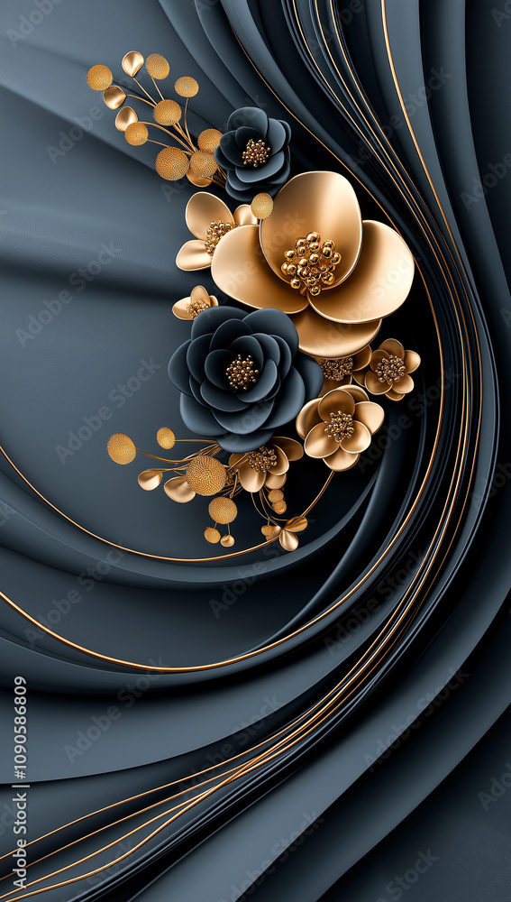 Poster golden and black flowers elegantly arranged on abstract background create luxurious and sophisticate