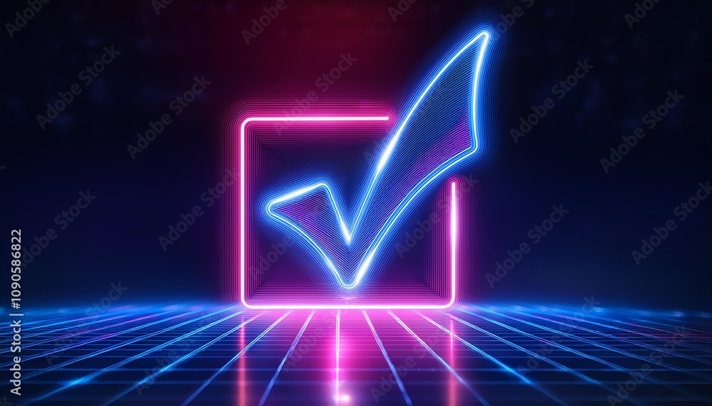Poster a vibrant neon checkmark inside a glowing square, set against a dark background with a grid pattern,