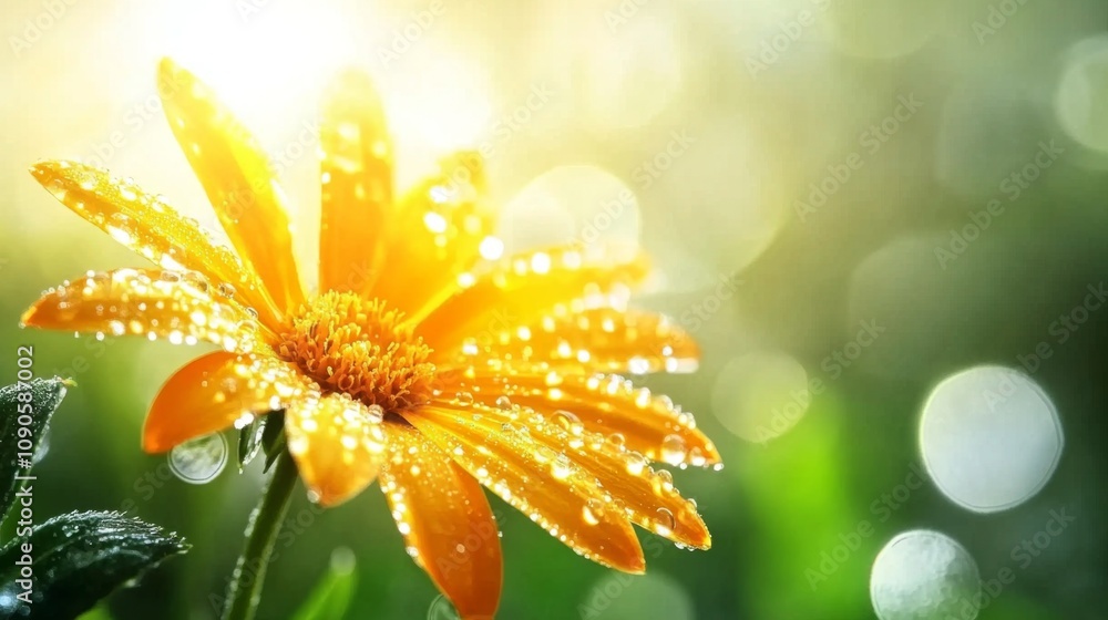 Aufkleber vibrant orange flower with dew drops illuminated by soft sunlight on a green background, creating a 