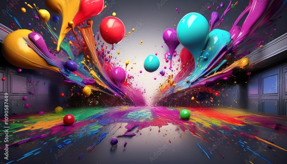Poster a vibrant explosion of colors with splashes and spheres, creating a dynamic, artistic scene that cap