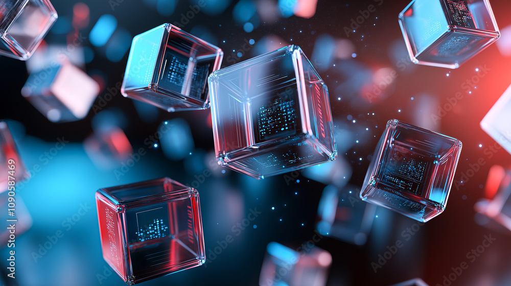 Poster abstract 3d rendering of glowing cubes in digital space, showcasing futuristic technology and innova