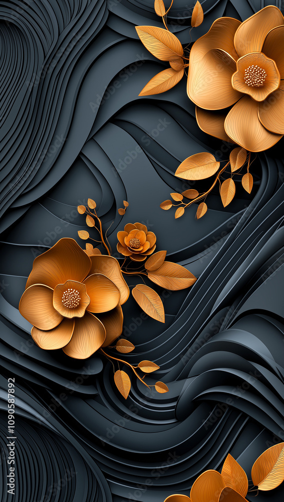 Poster elegant 3d background with golden flowers and flowing abstract patterns, creating luxurious and soph