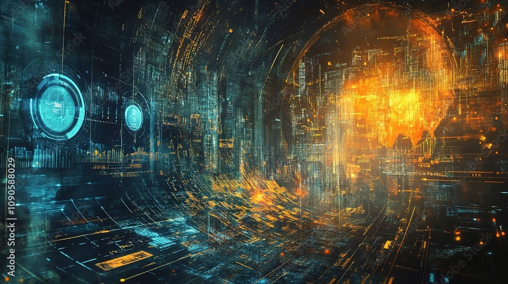 Poster futuristic digital interface with glowing data visualization and global elements in orange and blue 