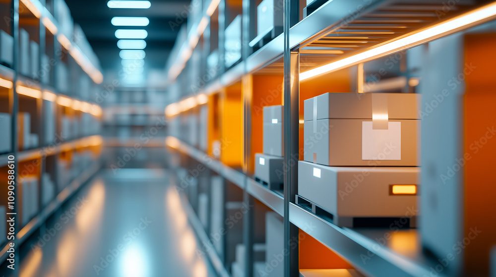 Poster dynamic warehouse scene with digital screens displays organized shelves filled with boxes, illuminat