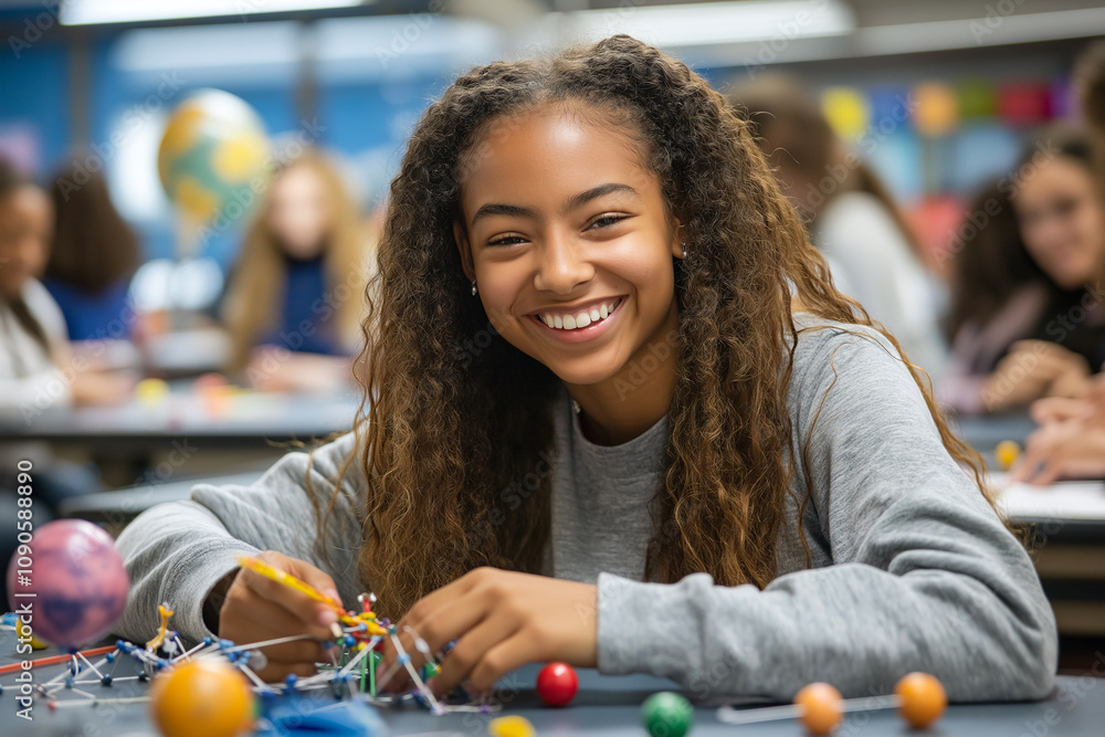 Aufkleber happy student with curly hair smiling while working on science project in classroom filled with stud