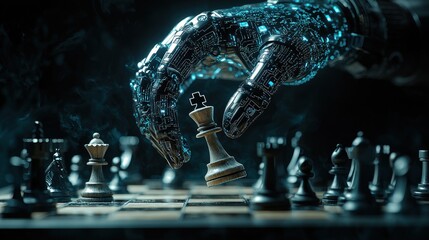 Cybernetic hand taking wooden king in chess showdown
