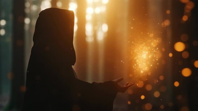 Hooded wizard casting golden light spell in dark forest. Magic ritual scene. Ancient power concept. Mystical footage