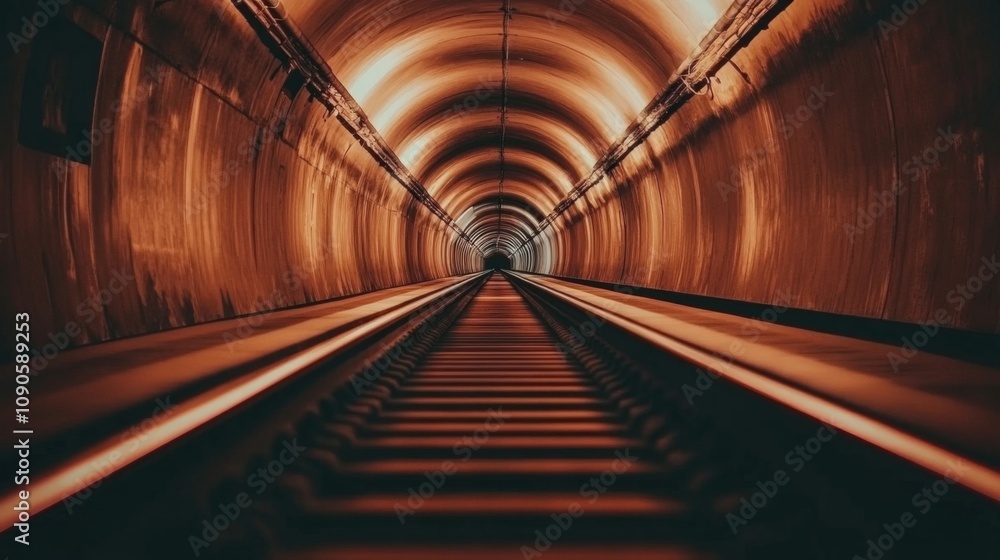 Fototapete atmospheric perspective of an underground tunnel with railway tracks highlighting the depth and stru