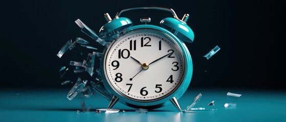 Investing mistake fail business and volatility Concept, A broken turquoise alarm clock surrounded by shattered glass, symbolizing the passage of time and disruption.