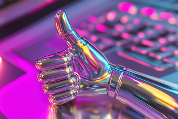 Reflective robotic hand shows thumbs-up approval