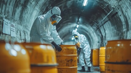 Obraz premium engineers in hazmat suits handling nuclear waste bar standard underground facility industrial safety contaminated environment close-up environmental responsibility