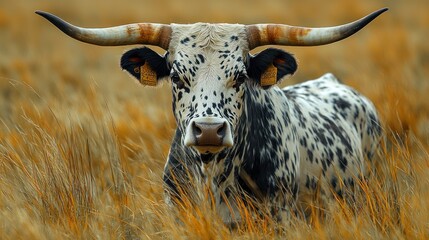 Close-up of a Rare Longhorn cow breed grazing on tall grasses in a wide-open ranch, with its massive horns dominating the frame. sharp textures and a dramatic composition. 