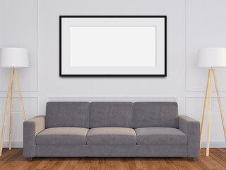 Empty picture frame mockup hanging on the wall of living room with sofa, floor lamp, parquet floor...