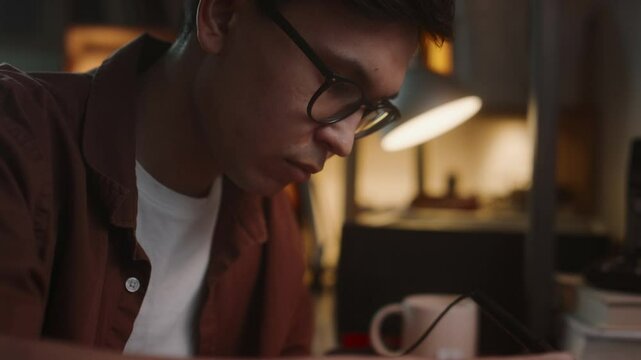 Close-up view of young man with glasses using screwdriver to repair smartphone while sitting at wooden table