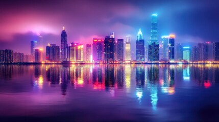 Fototapeta premium Vibrant City Skyline at Night with Illuminated Skyscrapers Reflecting on Water, Showcasing Modern Architecture and City Life After Sunset